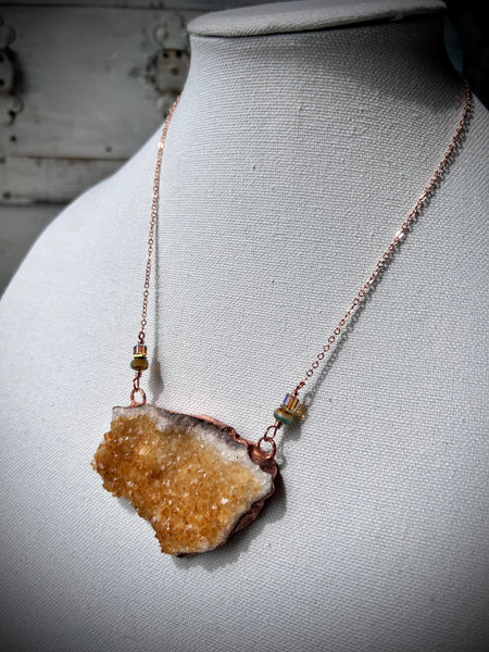 Citrine  Quartz Cluster Electroformed Copper Necklace.