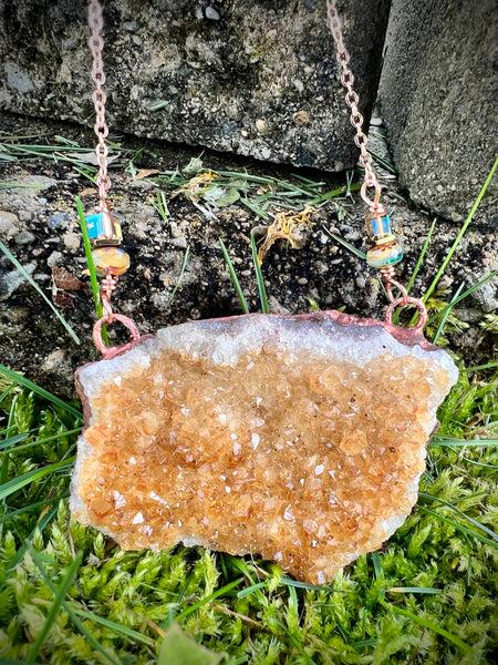Citrine  Quartz Cluster Electroformed Copper Necklace.