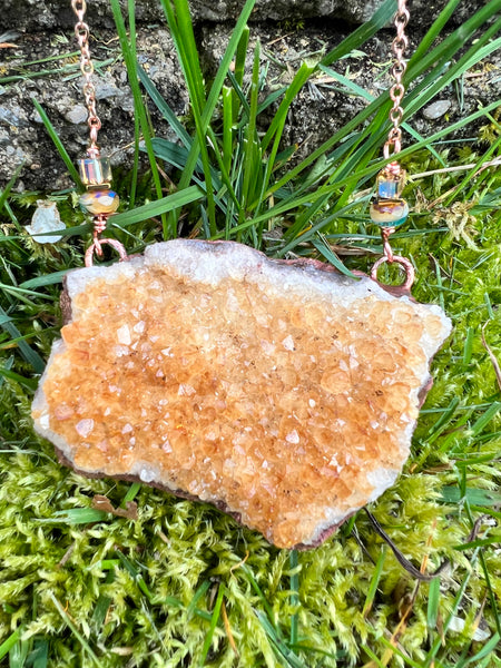 Citrine  Quartz Cluster Electroformed Copper Necklace.