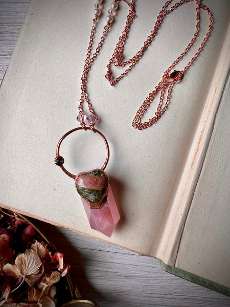 Rose Quartz W/ Unakite Heart Necklace