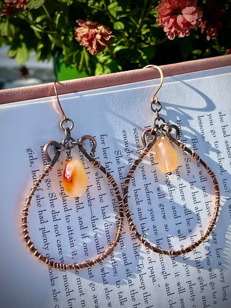 Copper Carnelian Hammered Hoops