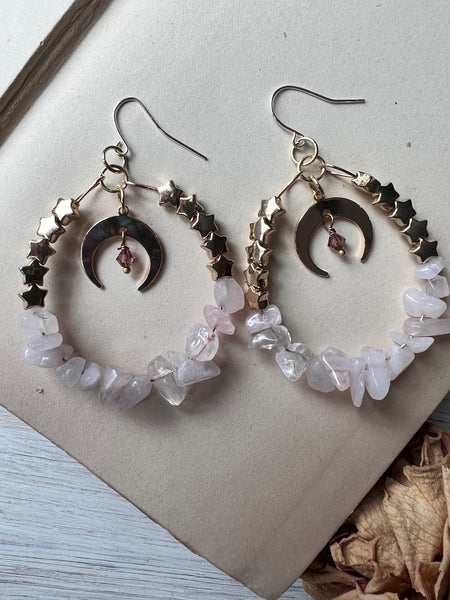 Rose Quartz Moon Hoops