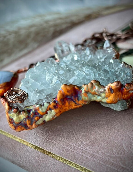 Crystal Quartz Cluster w/ Blue Lace Agate/ Statement Electroformed Copper Necklace.