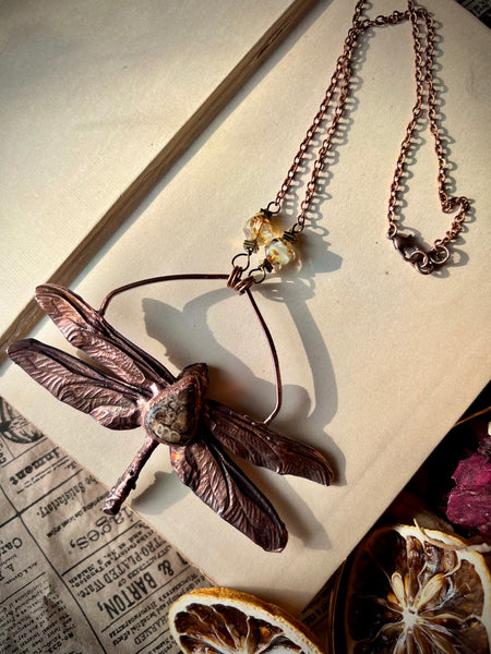 Coppered Dragonfly W/Jasper  Necklace