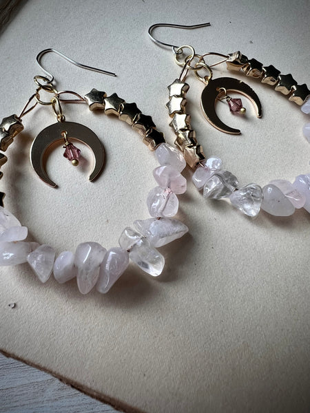 Rose Quartz Moon Hoops