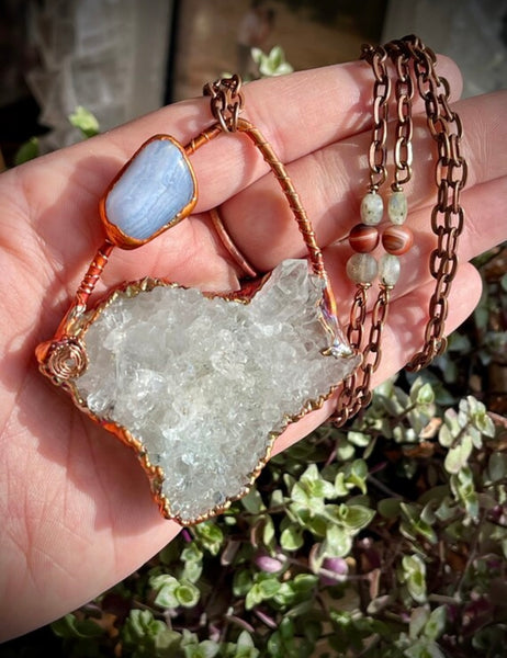 Crystal Quartz Cluster w/ Blue Lace Agate/ Statement Electroformed Copper Necklace.