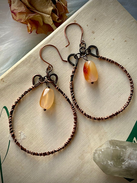 Copper Carnelian Hammered Hoops