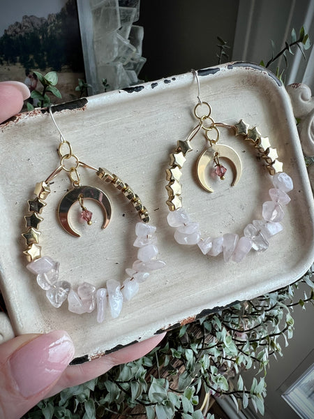 Rose Quartz Moon Hoops