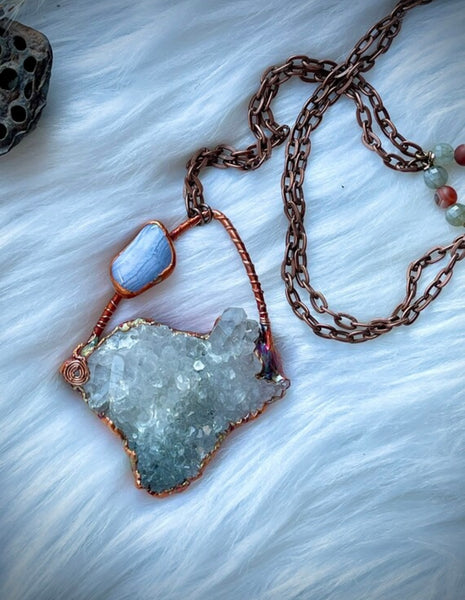 Crystal Quartz Cluster w/ Blue Lace Agate/ Statement Electroformed Copper Necklace.